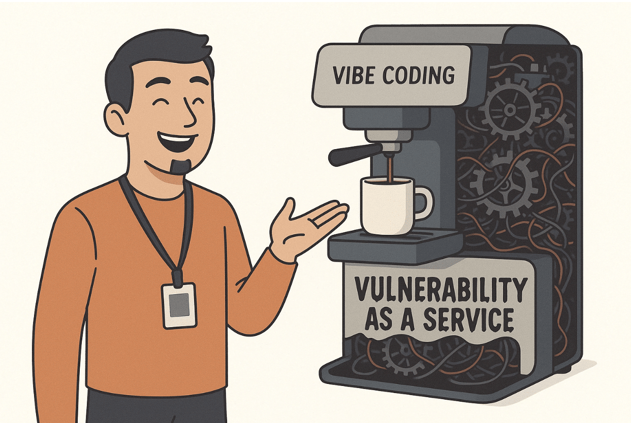An AI-generated digital illustration with a clean white background. In the foreground, a smiling software developer with short hair and a goatee stands proudly, holding one hand up in a presenting gesture toward an espresso machine imprinted on the front with the words "Vibe Coding". Espresso is being dispensed into a mug. Behind the machine is a cutaway showing the internal view, which reveals a chaotic, messy jumble of exposed gears, cogs, and wires in disarray. Overlaid on top of the gears are the words "Vulnerability as a Service". The image implies that by accepting the paradigm of vibe coding through AI services, developers are implicitly accepting the introduction of vulnerabilities into their code.